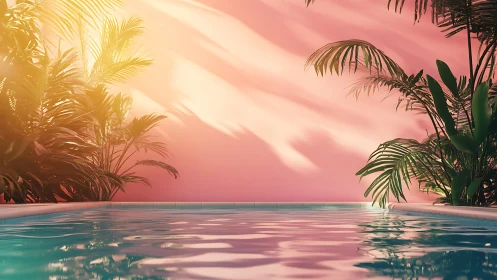 Outdoor pool with tropical plants against pink wall background.