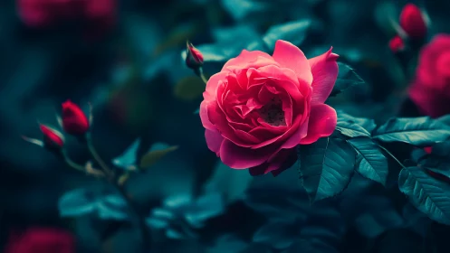 Deep Pink Garden Rose with Selective Focus Against Teal-Toned Botanical Background