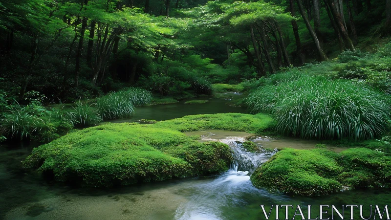 Lush mossy forest stream with vibrant green foliage, serene scene.