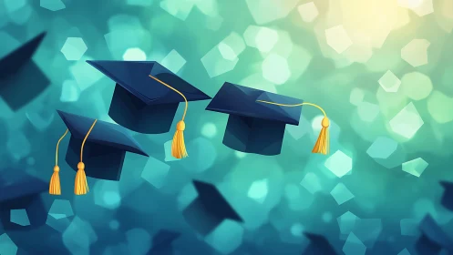 Graduation caps soar against glowing teal bokeh sky.