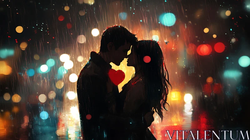 Two Hearts Ablaze in Urban Rain: Love's Luminous Moment.