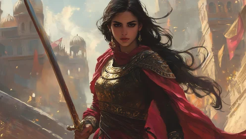 Warrior queen strides through burning citadel in defiance.