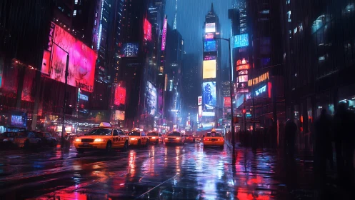Neon rain crowns midnight taxis in electric city canyons.