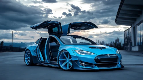 Electric supercar with gullwing doors dominates urban dusk.
