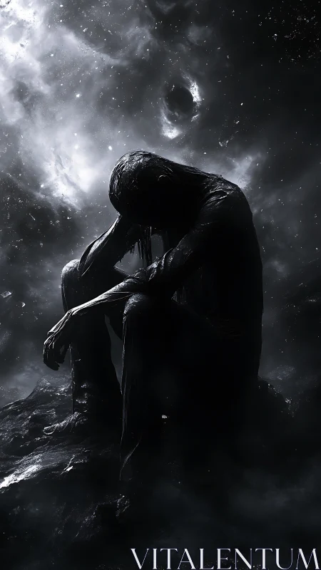 Shrouded figure sits in cosmic void, steeped in despair.