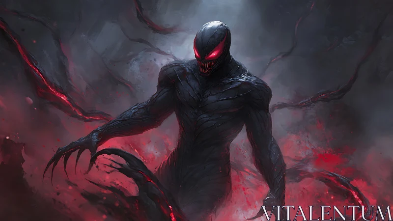 Symbiotic humanoid figure stands amid red energy plumes