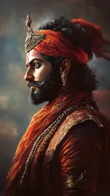 Regal warrior profile in dramatic chiaroscuro with ornate turban and jewels