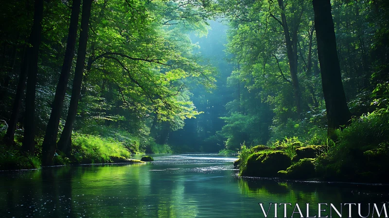 Enchanted River Cathedral Through Towering Forest Canopy.