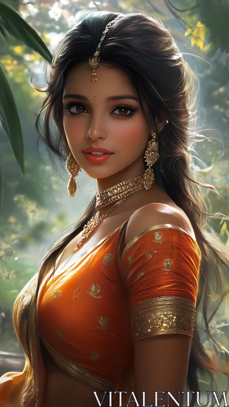 Luminous digital portrait of woman in ornate orange sari.