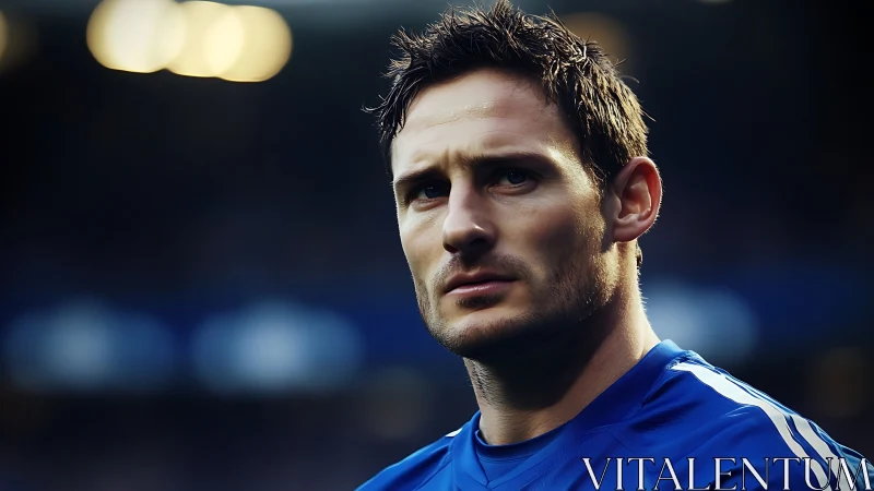 Male football player in blue jersey under stadium lights.