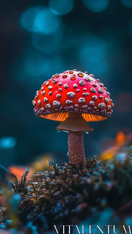 Bioluminescent-toned fly agaric mushroom in shallow depth portrait