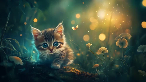 Kitten in Enchanted Garden with Glowing Bokeh.