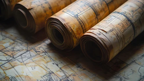 Aged Architectural Blueprint Rolls Displaying Oxidized Paper Stock.