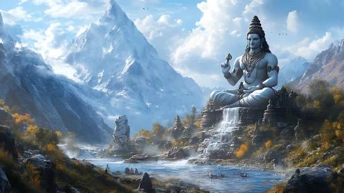 Colossal blue deity statue dominates misty Himalayan valley.
