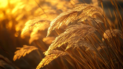 Backlit pampas grass blades glow in warm golden hour light