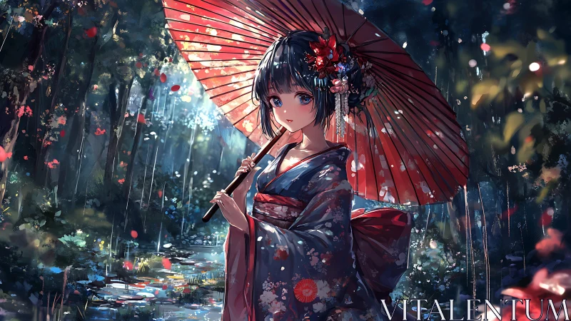 Kimono girl with red umbrella in rainy forest scene.