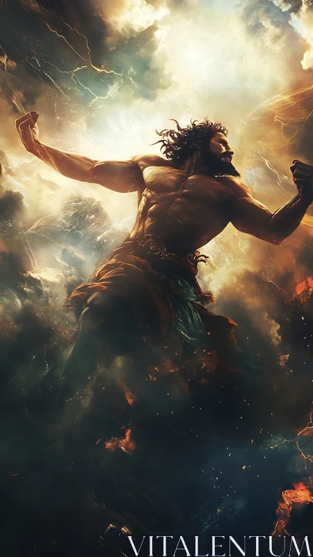 Mythic storm titan ascending through celestial turbulence.