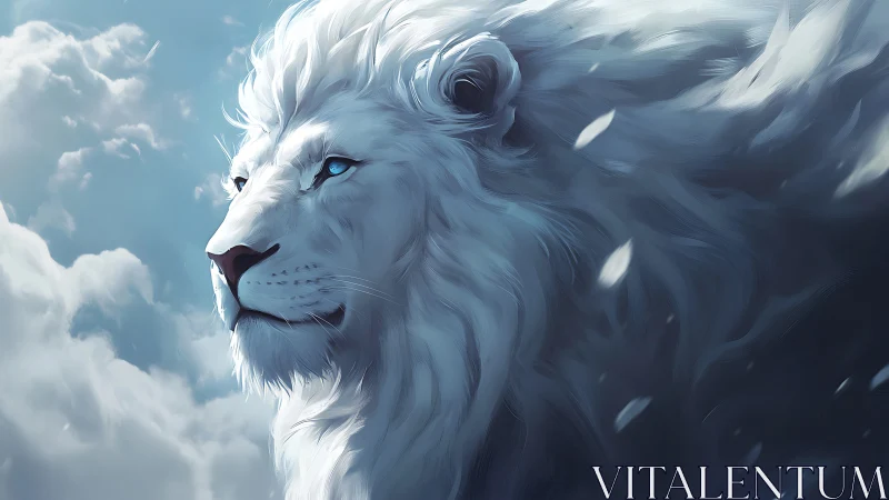 Sky-borne white lion watching over a quiet cloud realm.