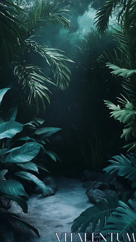 Lush emerald jungle path dissolves into misty shadowed depth.