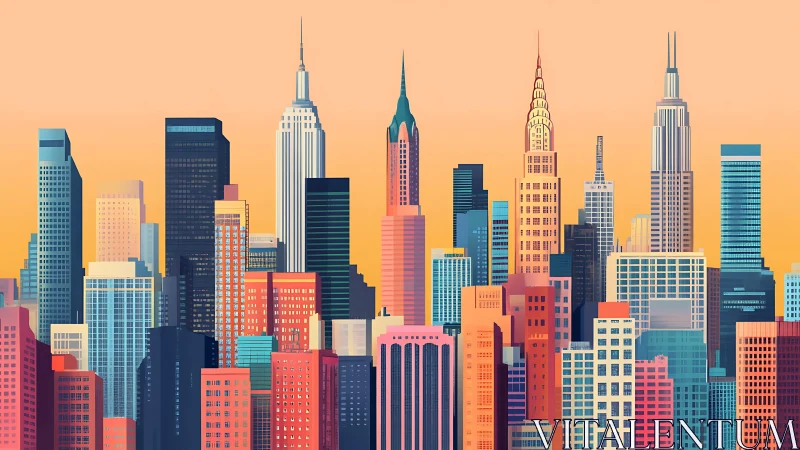 Urban high-rise skyline under uniform warm gradient sky.