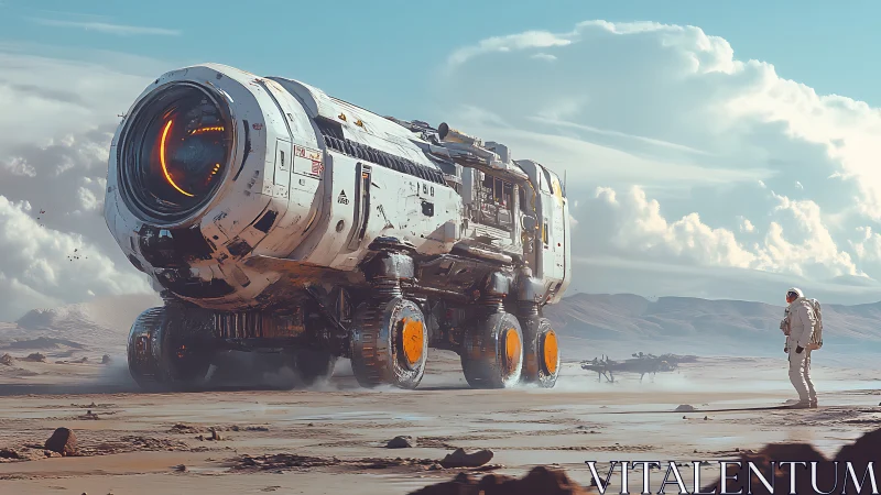 Interplanetary rover confronts lone astronaut on desert plain.