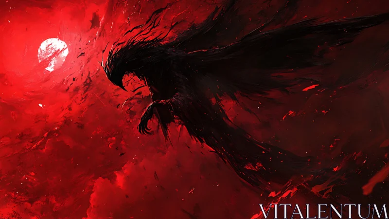 Blood-red sky with shadow raven silhouette in flight.