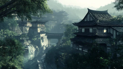 Misty hillside village with traditional East Asian houses.