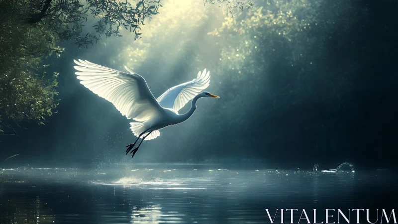 Graceful white egret in flight over misty forest lake, ethereal light.