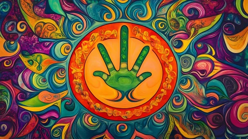 Chromatic hand mandala with swirling radial energy field.