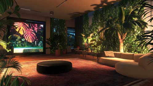 Sunlit biophilic living room with dense foliage wall and soft seating