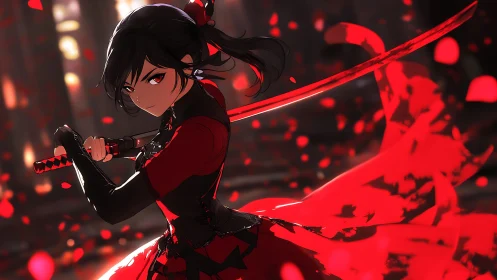 Dynamic anime swordswoman framed by red motion trails