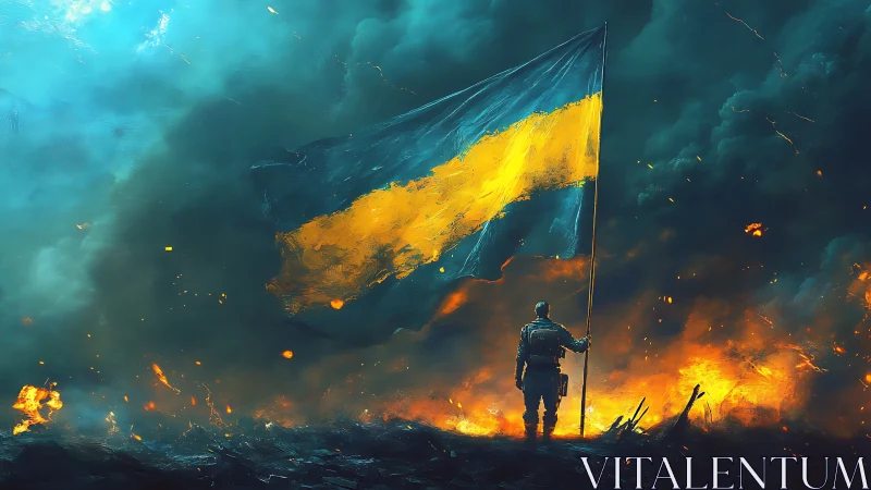 Soldier holding blue yellow war flag amid blazing battlefield.