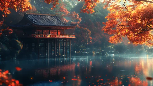 Tranquil lakeside pagoda rests beneath glowing autumn maple light