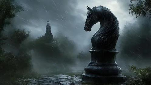 Monumental black chess knight in stormy forest landscape