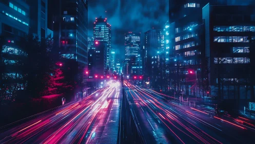 Neon light trails slice through a cyberpunk nocturnal cityscape