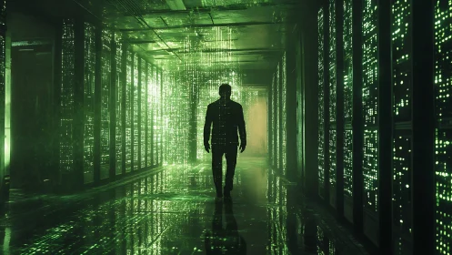 Silhouette crossing data corridor under neon green matrix light
