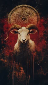 Horned ram portrait under circular golden halo symbol.