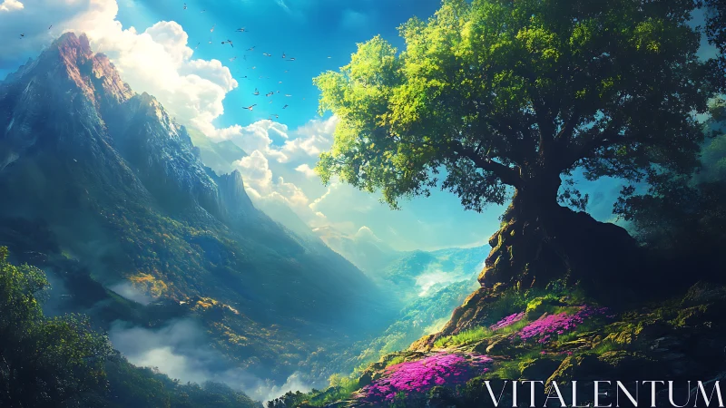 Ancient tree overlooks sunlit valley and distant mountains