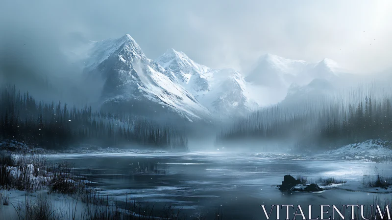 Silent winter mountains watching over a misty frozen lake.
