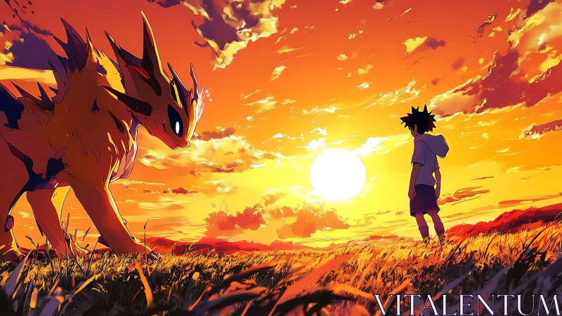 Sunset field standoff with boy and large electric creature