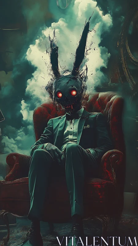 Suit-clad demon rabbit sits in red armchair amid smoke
