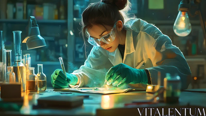 Digital painting of focused scientist in warm lab lighting.