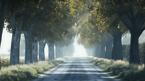 Tree-lined country road vanishing into soft morning fog.