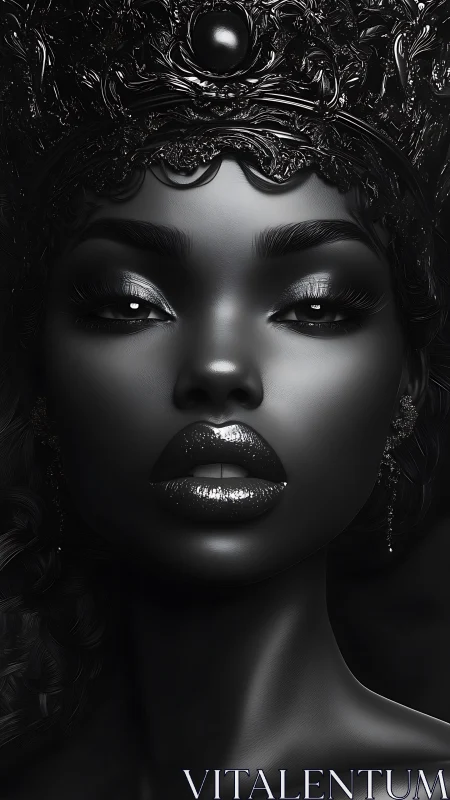 Midnight queen gazes forward with luminous, sculpted grace