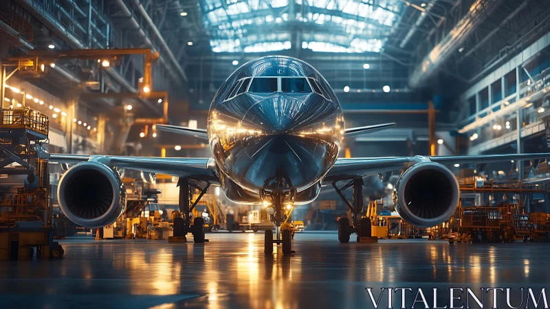 Majestic passenger jet waits in a glowing aircraft hangar