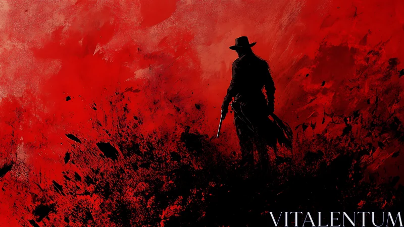 Gunslinger silhouette stalks through a blood-red inferno sky.