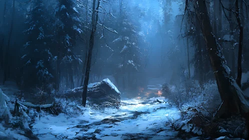 Winter Forest Path Glows Through Midnight Blue Mist
