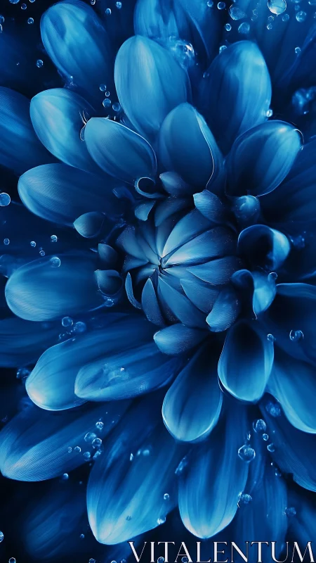 Blue flower macro shows layered petals and water droplets