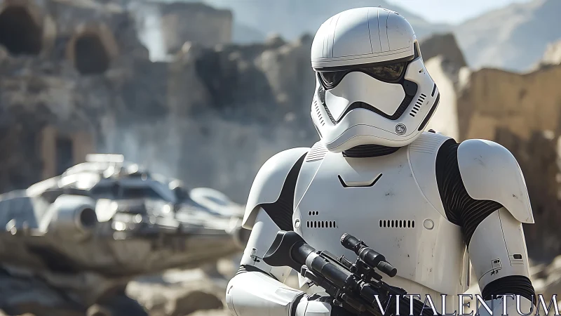 Armored space trooper guards wrecked desert outpost