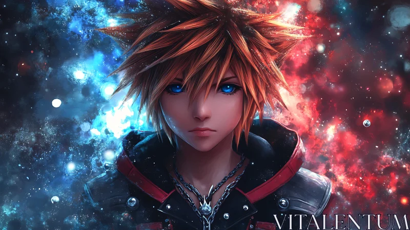 Stylized blue eyed character centered against nebula field